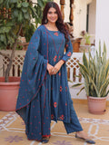 Incredible Teal Blue Embroidered Cotton Festival Wear Pant Suit