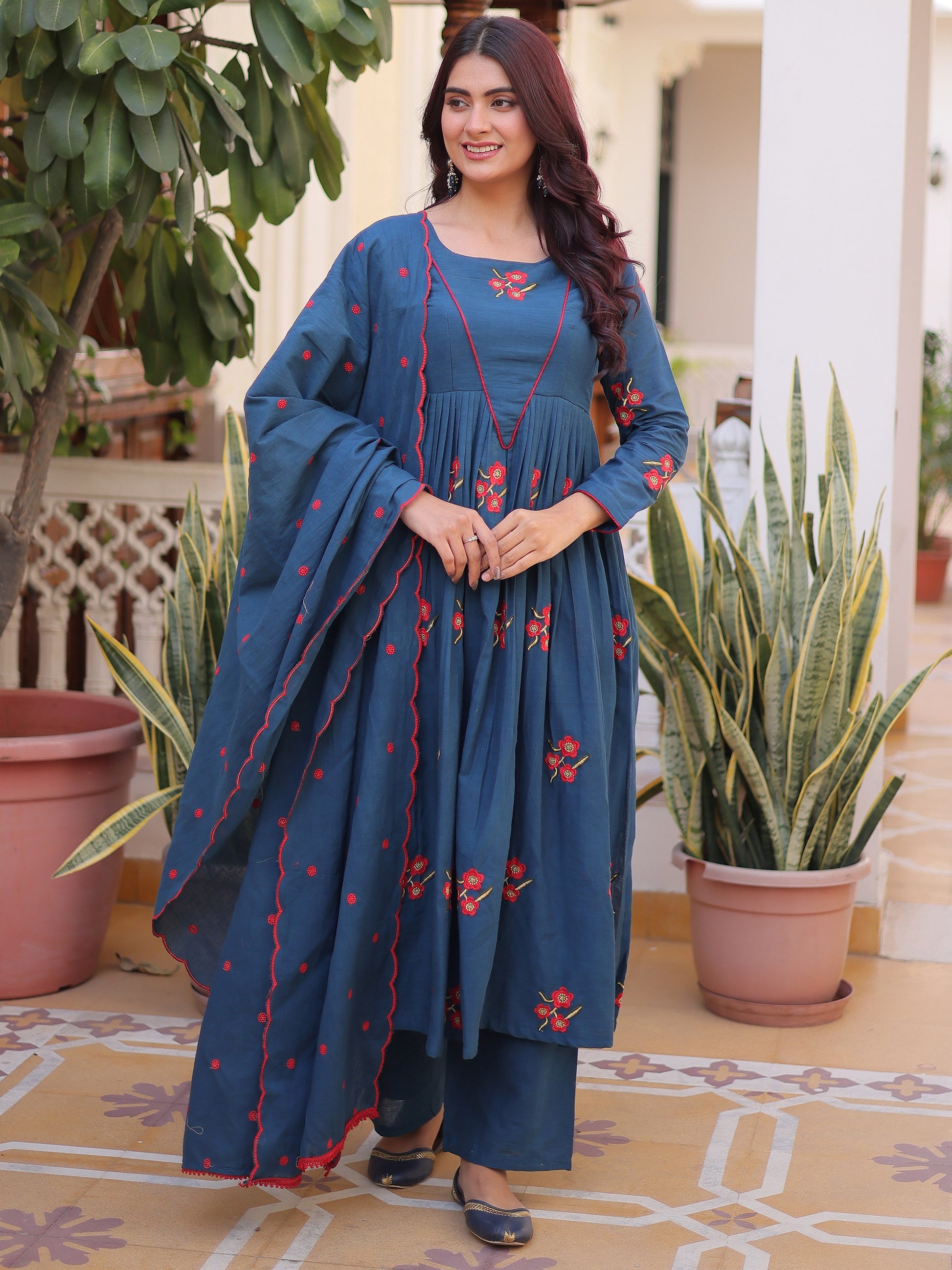 Incredible Teal Blue Embroidered Cotton Festival Wear Pant Suit