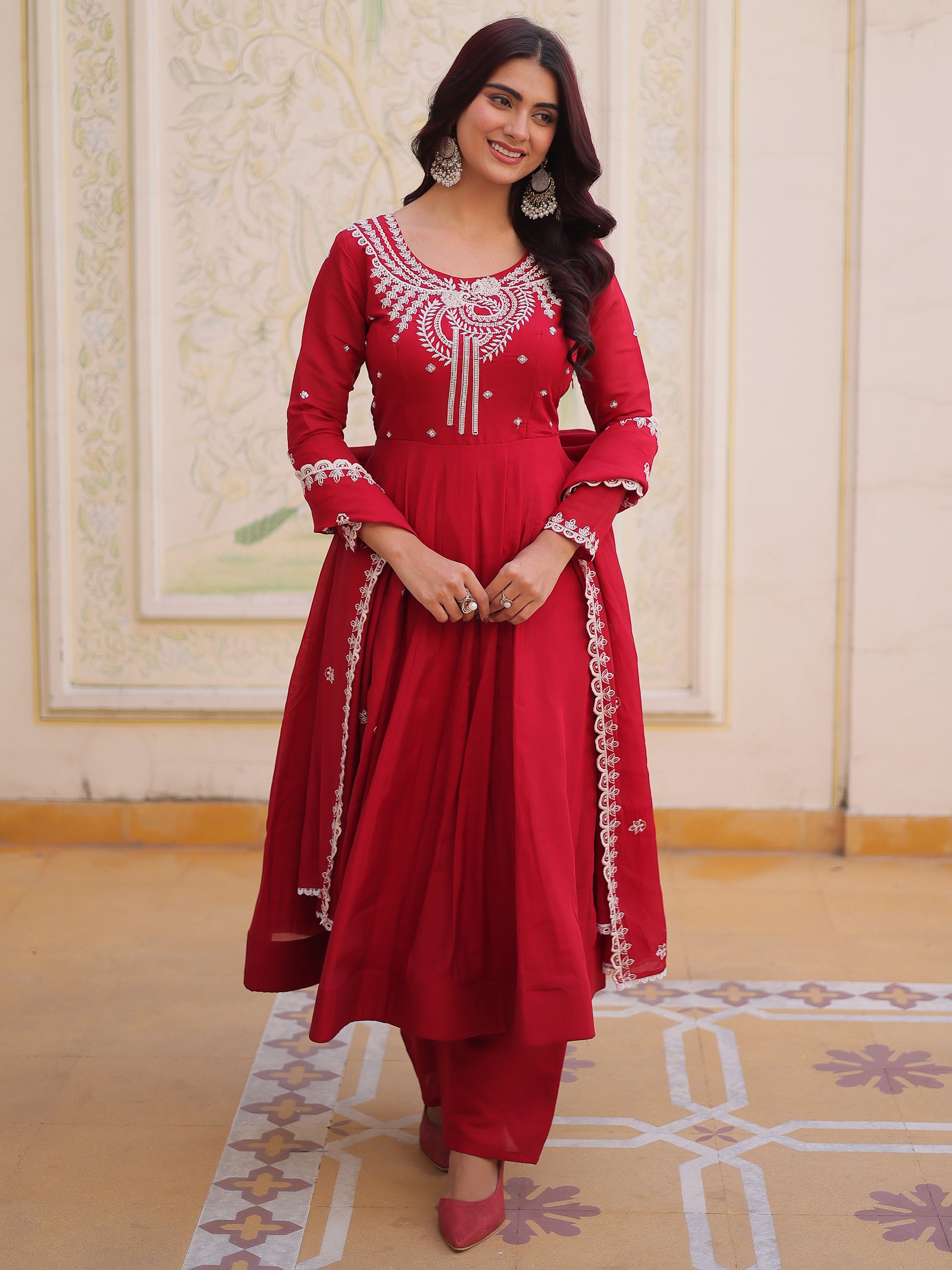 Awesome Red Bead Work Chanderi Festival Wear Anarkali Suit With Dupatta