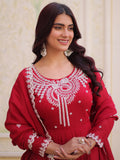 Awesome Red Bead Work Chanderi Festival Wear Anarkali Suit With Dupatta