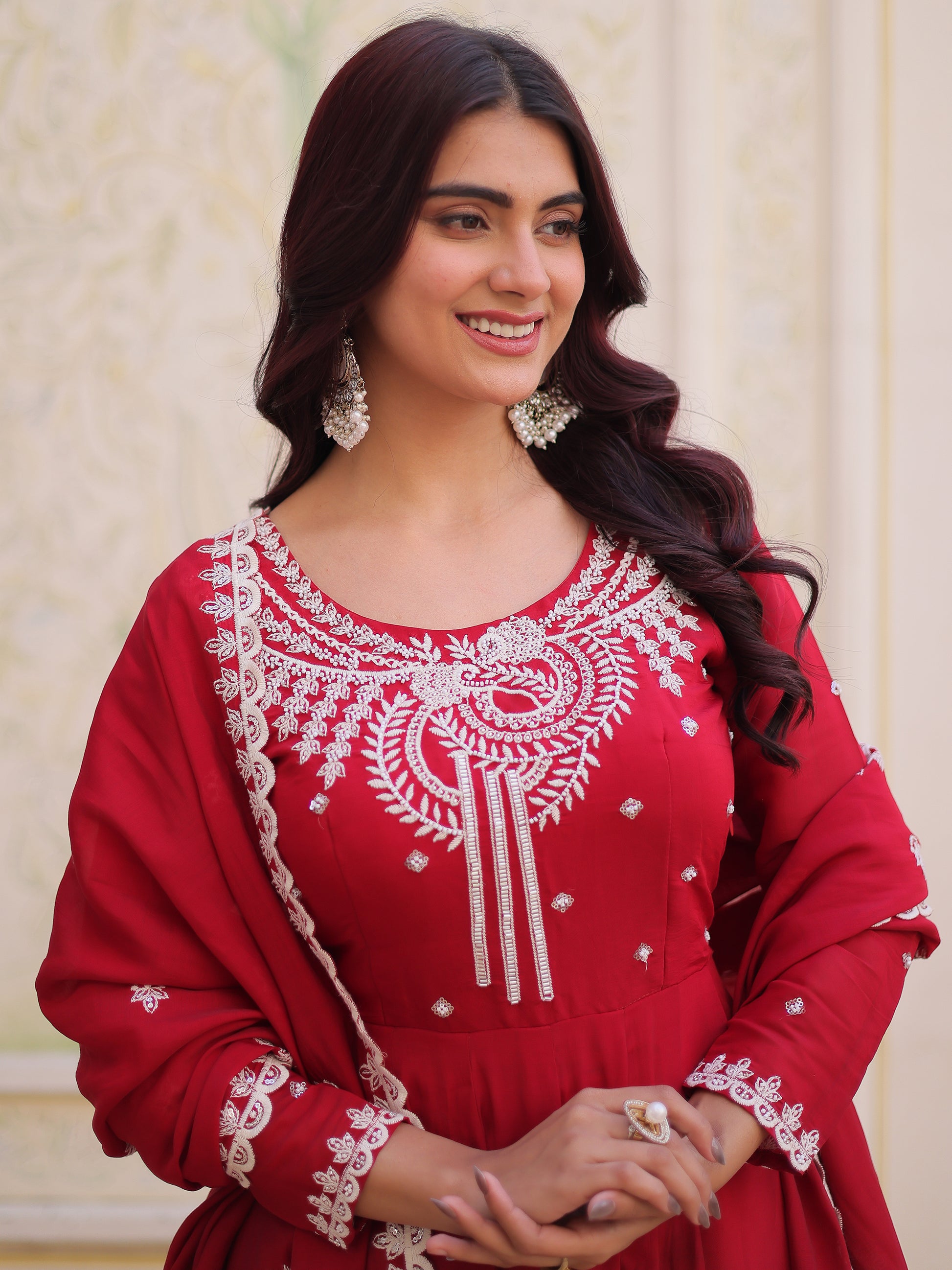 Awesome Red Bead Work Chanderi Festival Wear Anarkali Suit With Dupatta