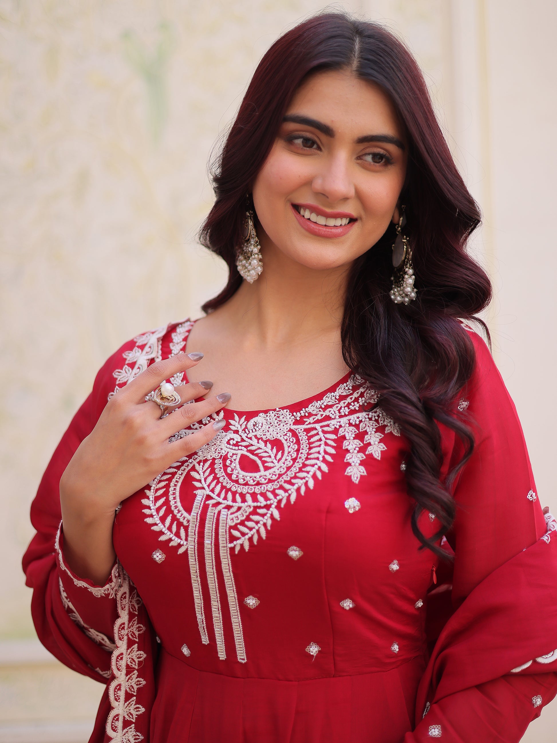 Awesome Red Bead Work Chanderi Festival Wear Anarkali Suit With Dupatta