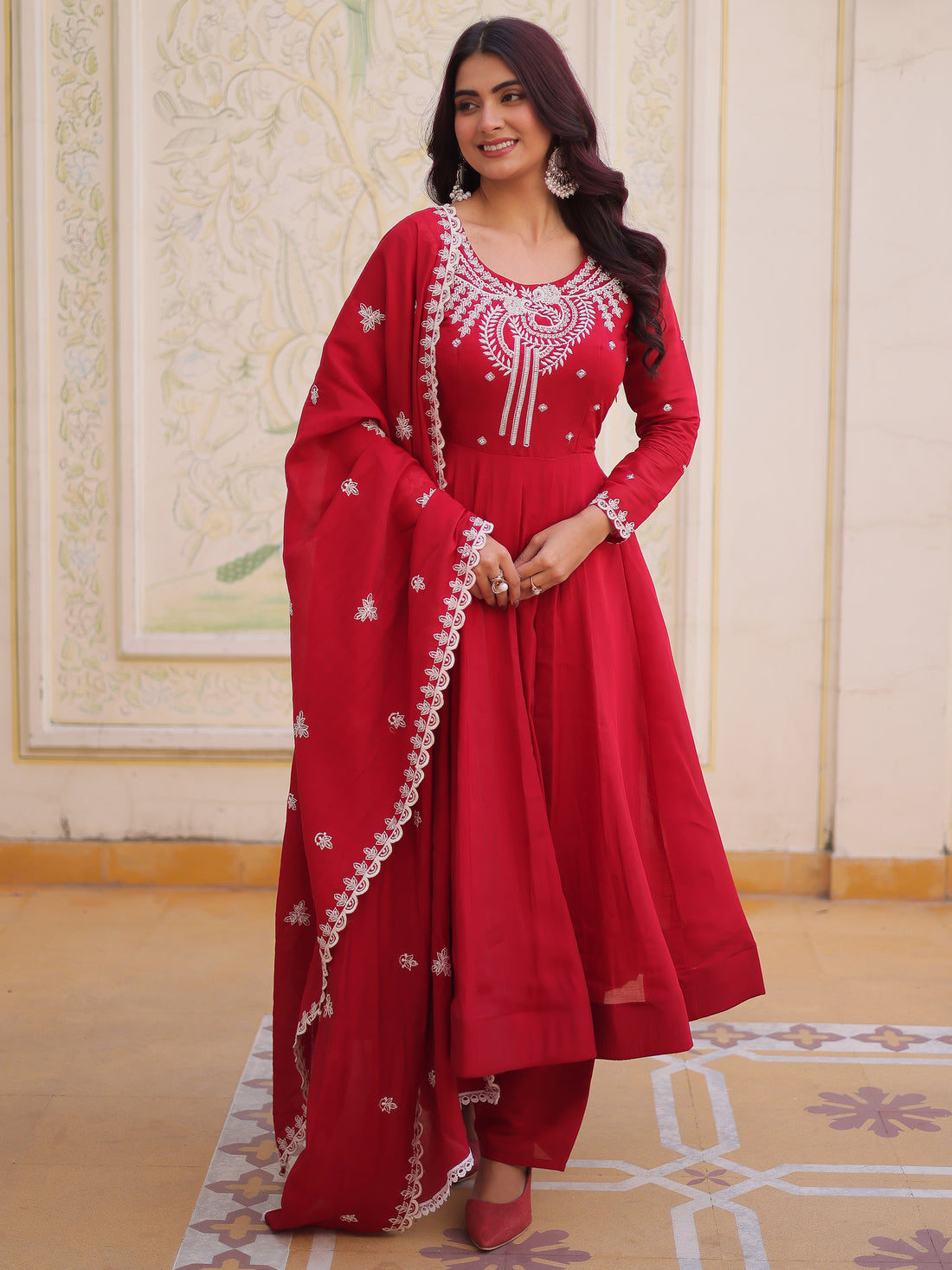 Awesome Red Bead Work Chanderi Festival Wear Anarkali Suit With Dupatta