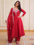 Awesome Red Bead Work Chanderi Festival Wear Anarkali Suit With Dupatta