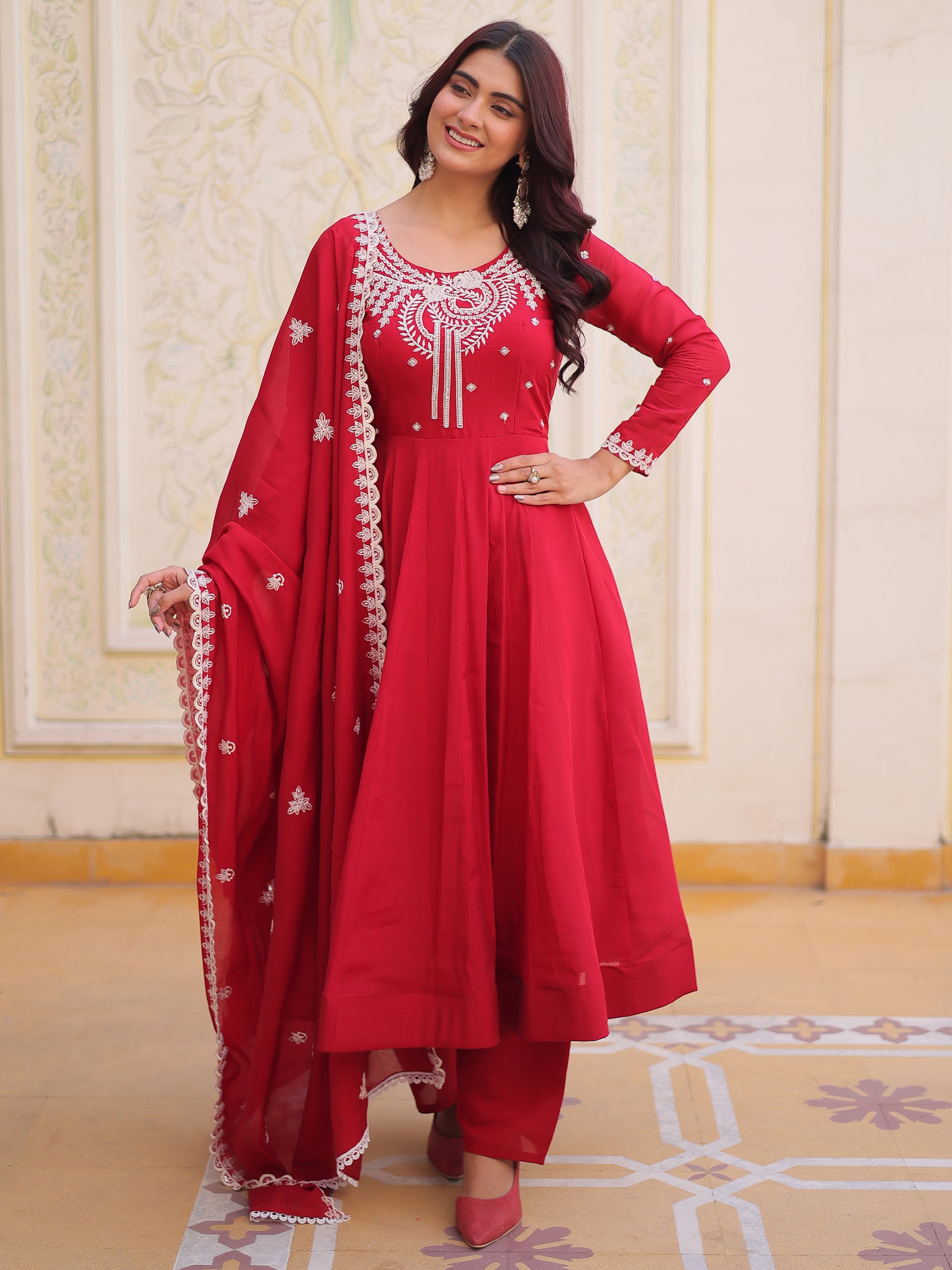 Awesome Red Bead Work Chanderi Festival Wear Anarkali Suit With Dupatta