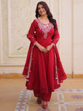 Awesome Red Bead Work Chanderi Festival Wear Anarkali Suit With Dupatta