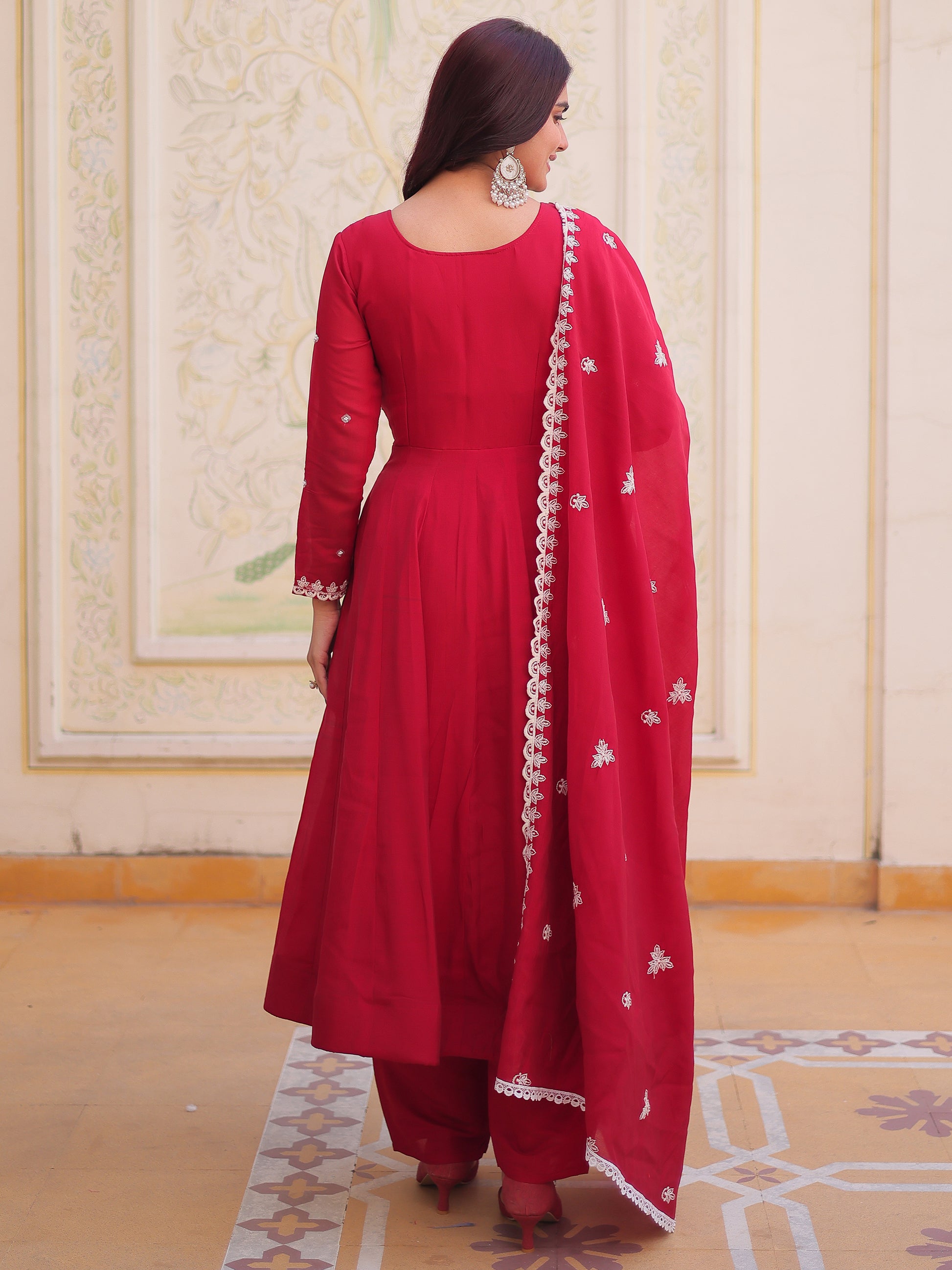 Awesome Red Bead Work Chanderi Festival Wear Anarkali Suit With Dupatta