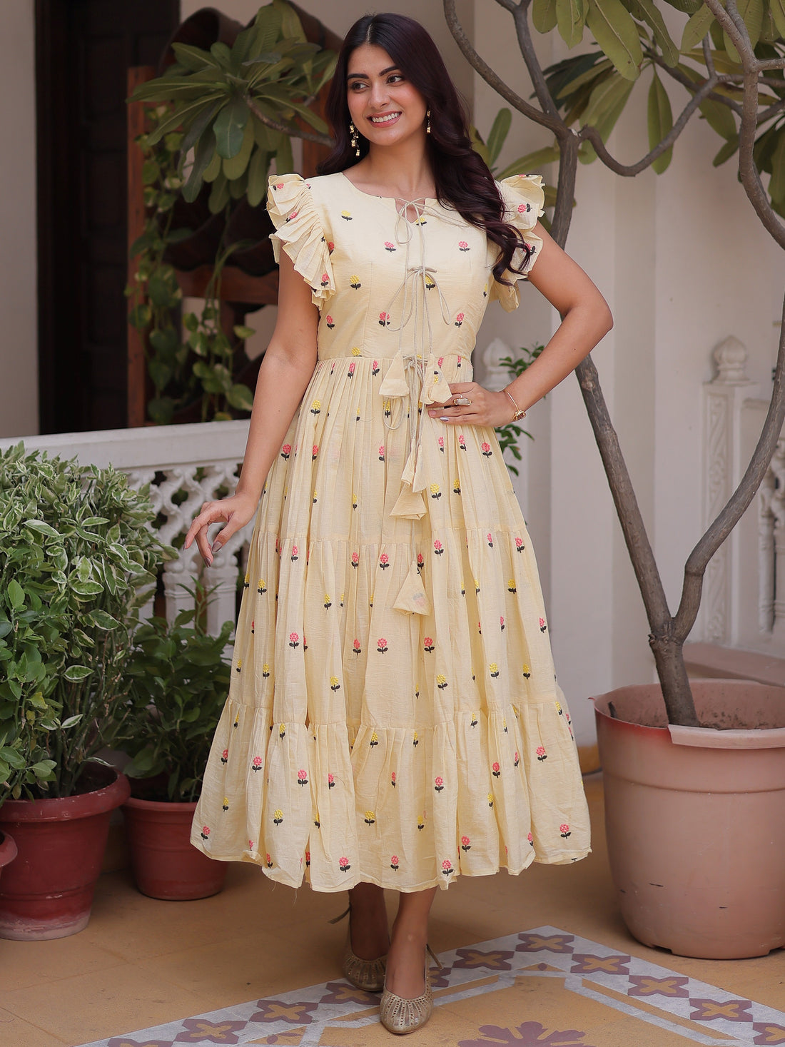 Precious Cream Embroidered Cotton Casual Wear Dress