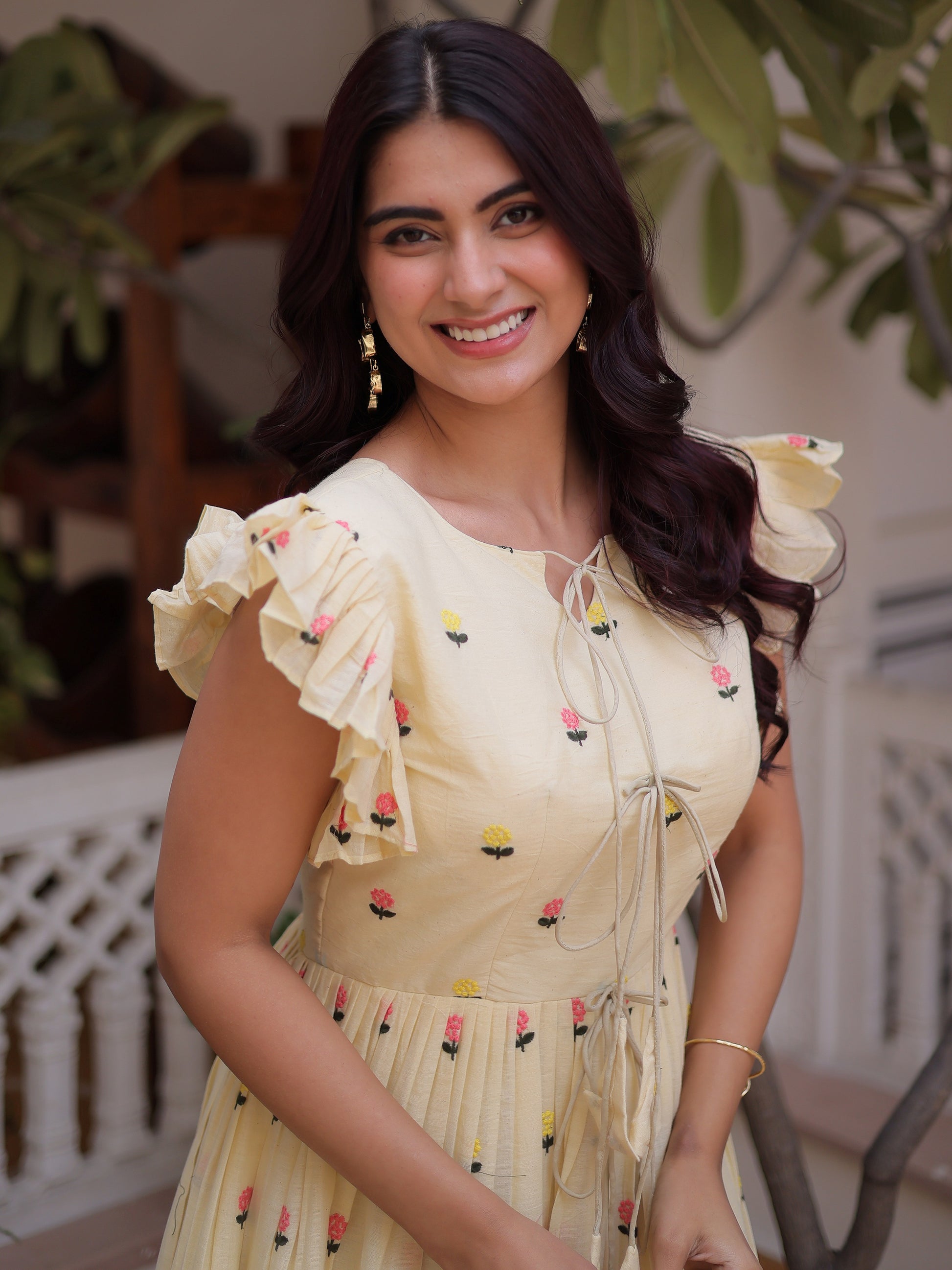 Precious Cream Embroidered Cotton Casual Wear Dress