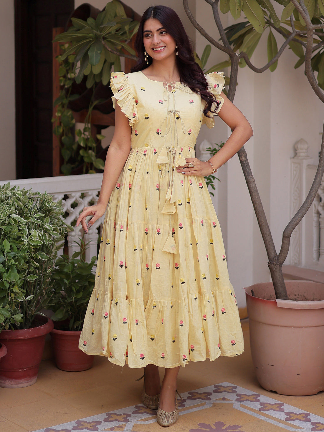 Precious Cream Embroidered Cotton Casual Wear Dress