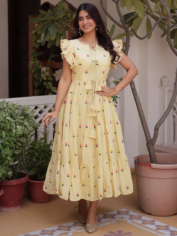 Precious Cream Embroidered Cotton Casual Wear Dress