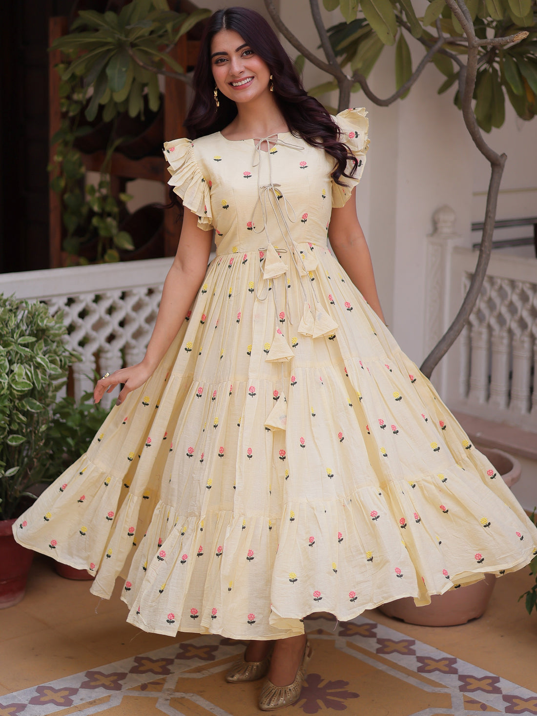 Precious Cream Embroidered Cotton Casual Wear Dress