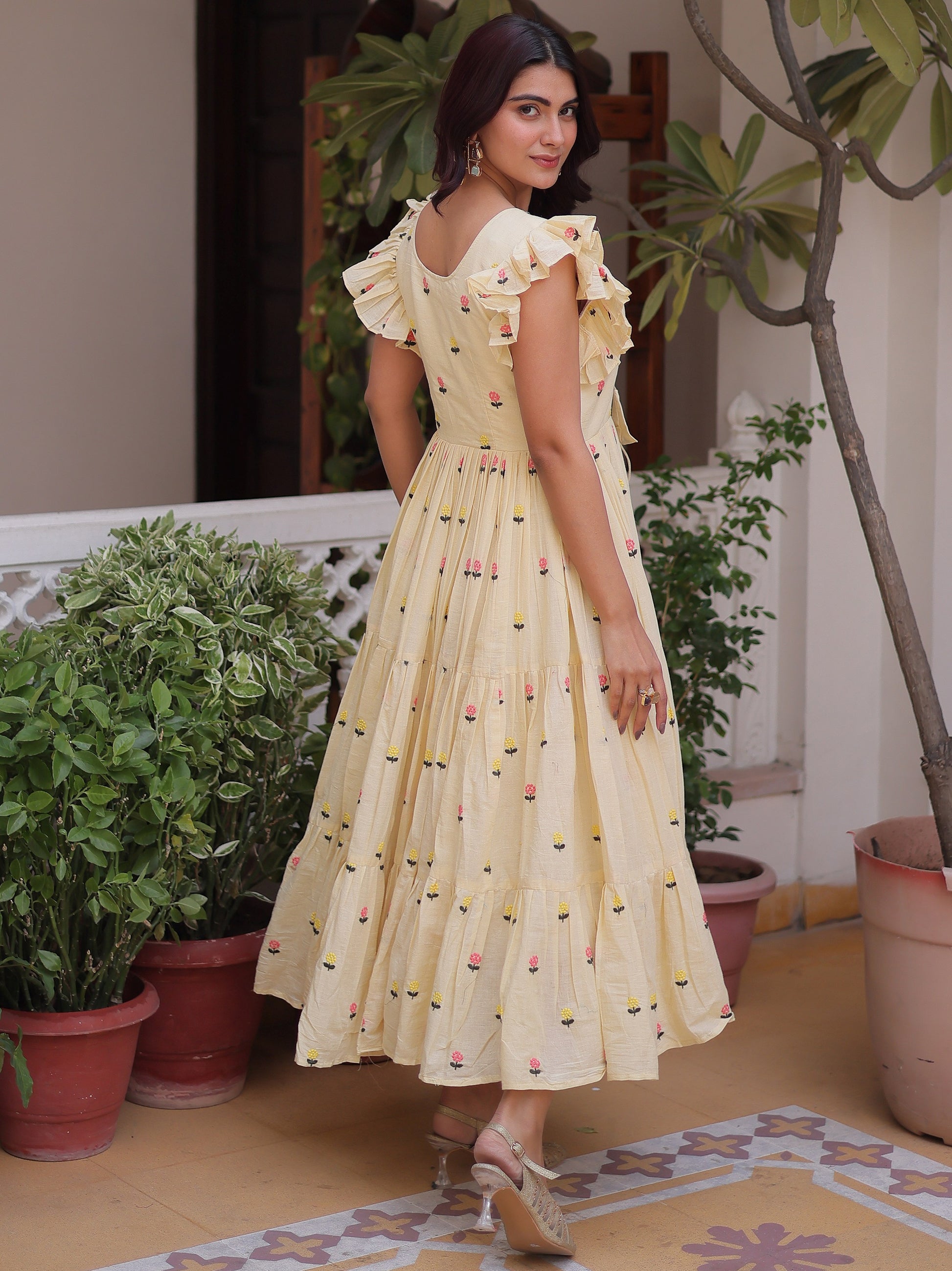 Precious Cream Embroidered Cotton Casual Wear Dress