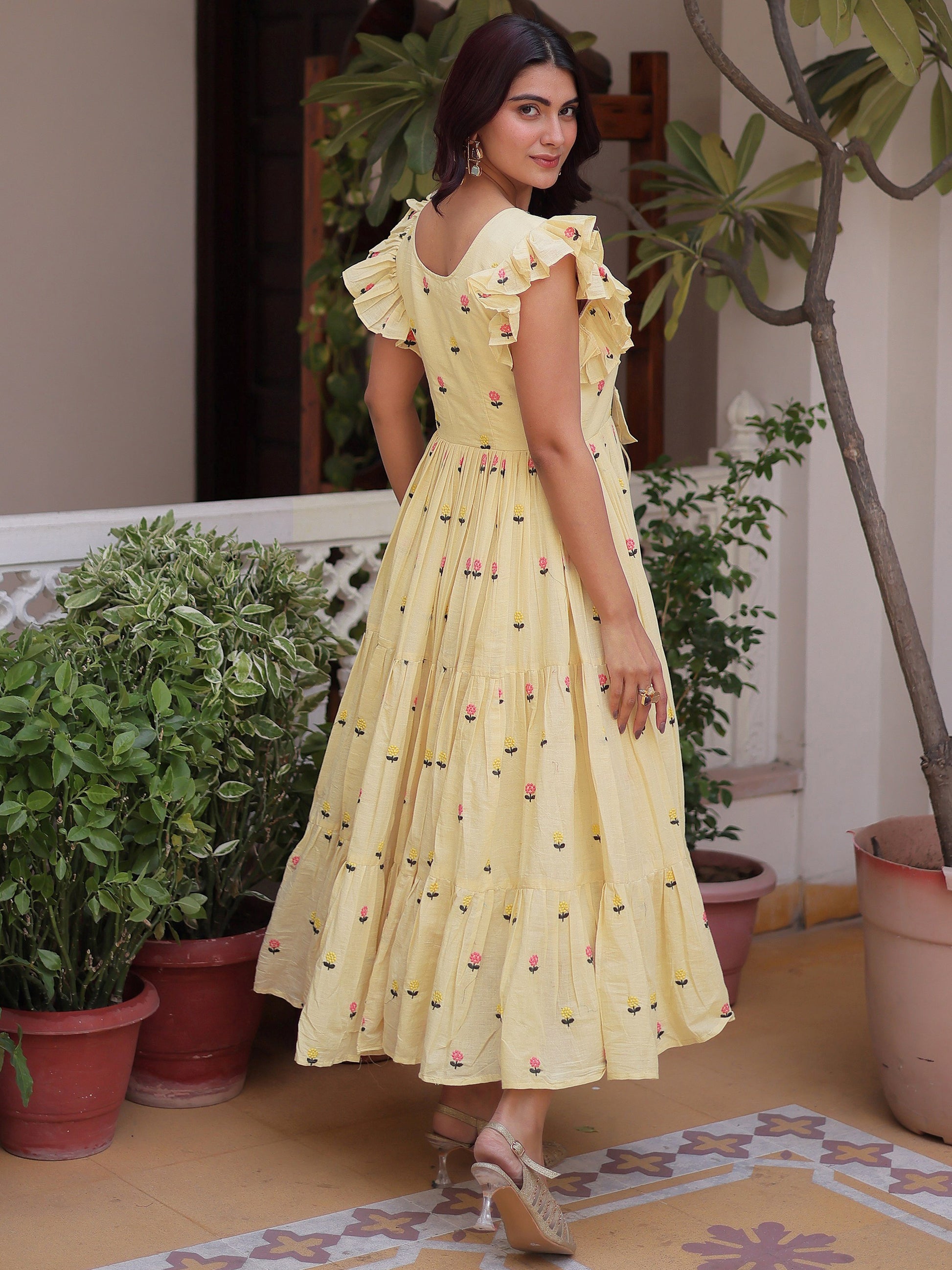 Precious Cream Embroidered Cotton Casual Wear Dress