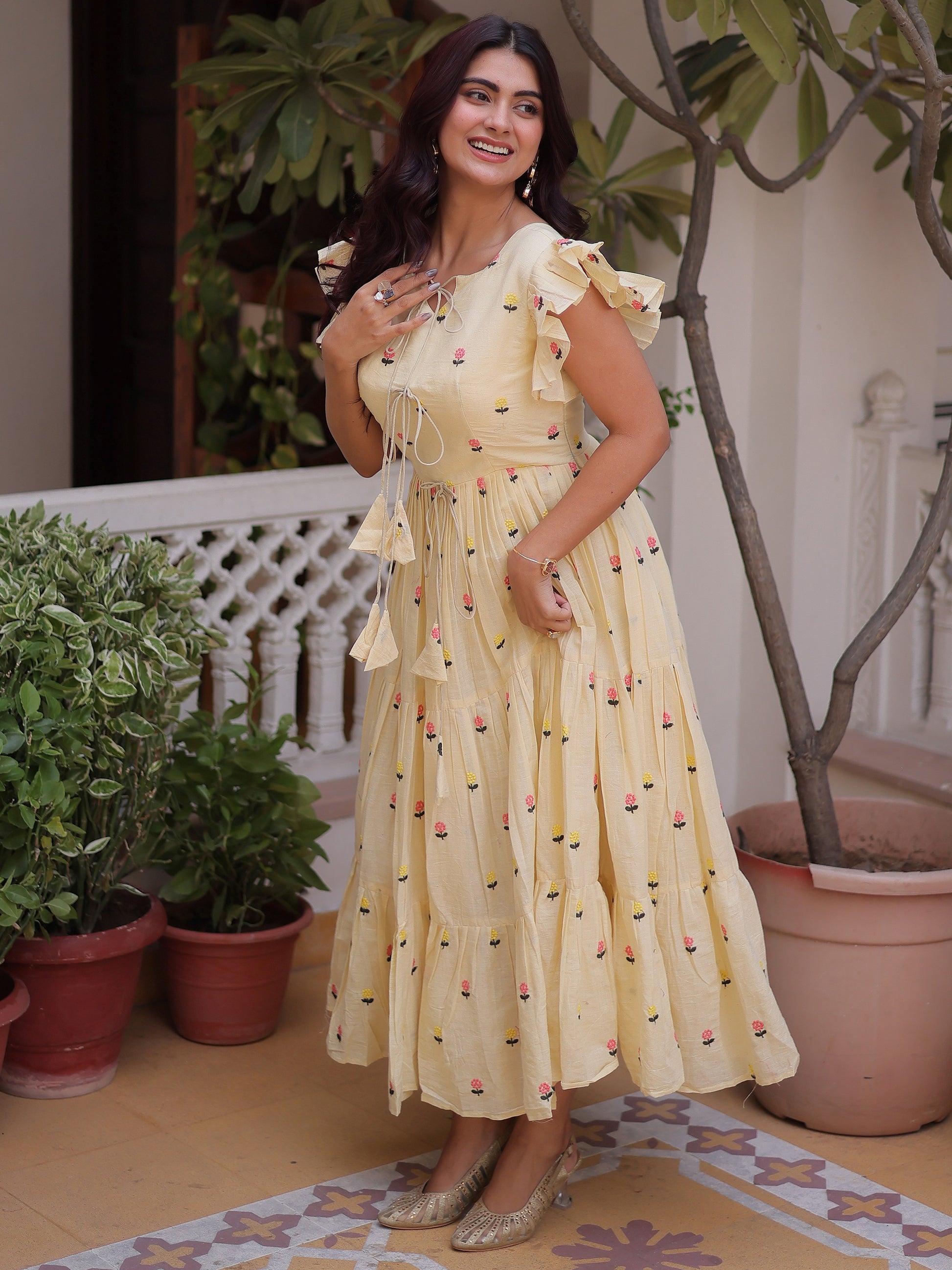 Precious Cream Embroidered Cotton Casual Wear Dress