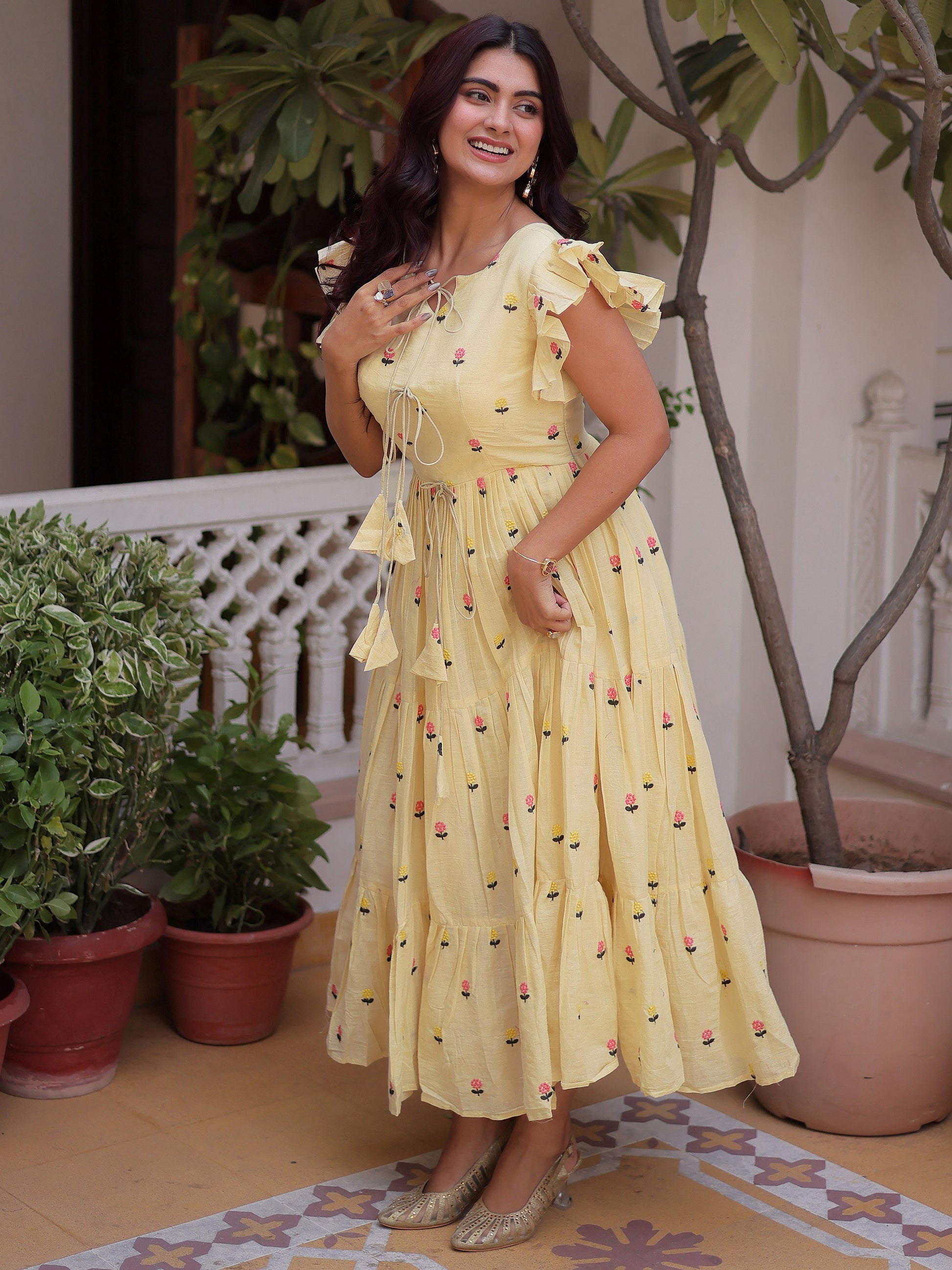 Precious Cream Embroidered Cotton Casual Wear Dress