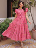 Incredible Pink Floral Embroidered Cotton Daily Wear Dress