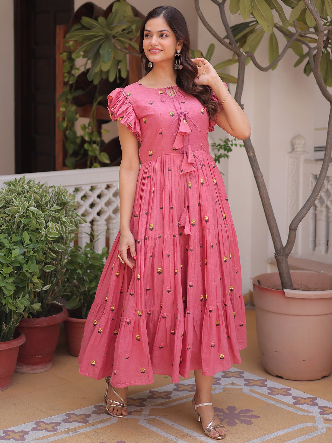 Incredible Pink Floral Embroidered Cotton Daily Wear Dress