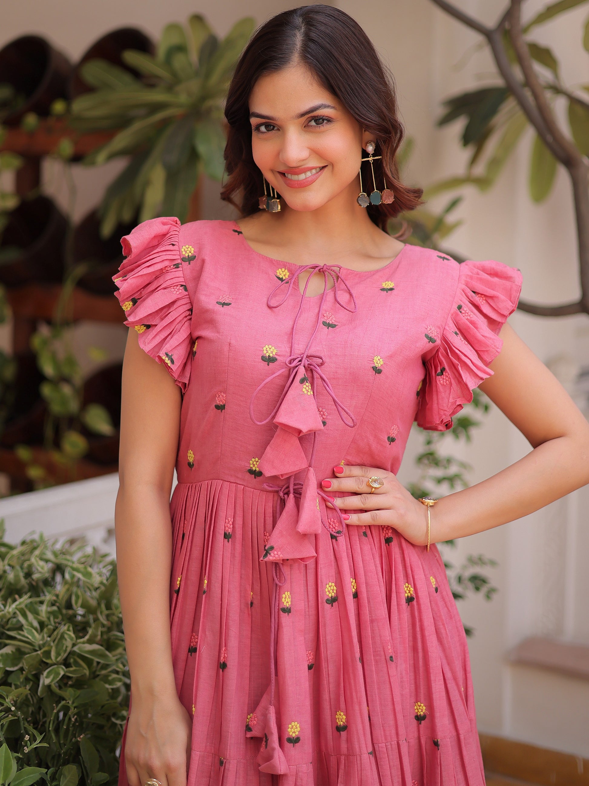 Incredible Pink Floral Embroidered Cotton Daily Wear Dress