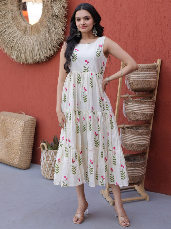 Attractive Pink Floral Printed Cotton Casual Wear Dress