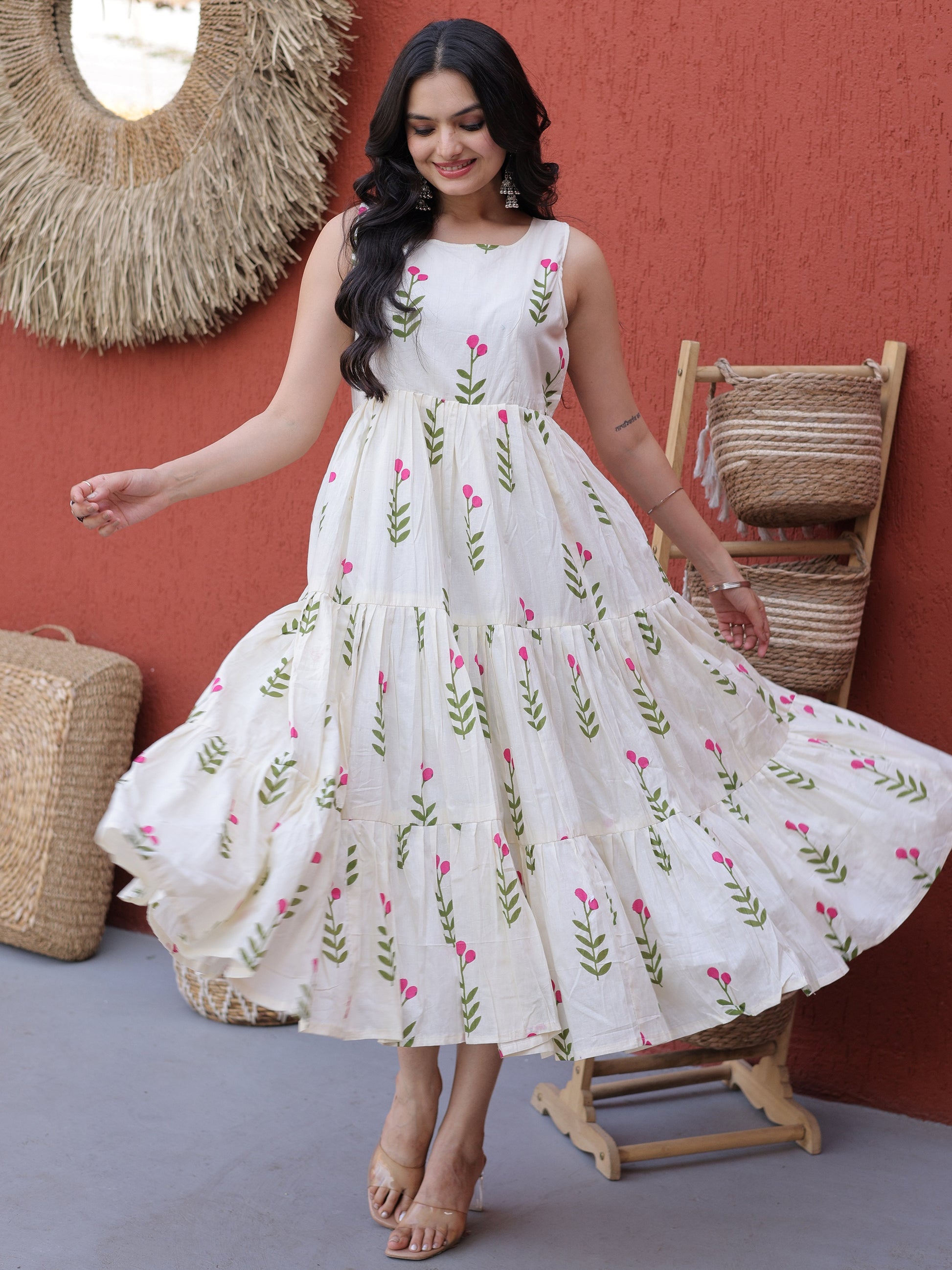 Attractive Pink Floral Printed Cotton Casual Wear Dress
