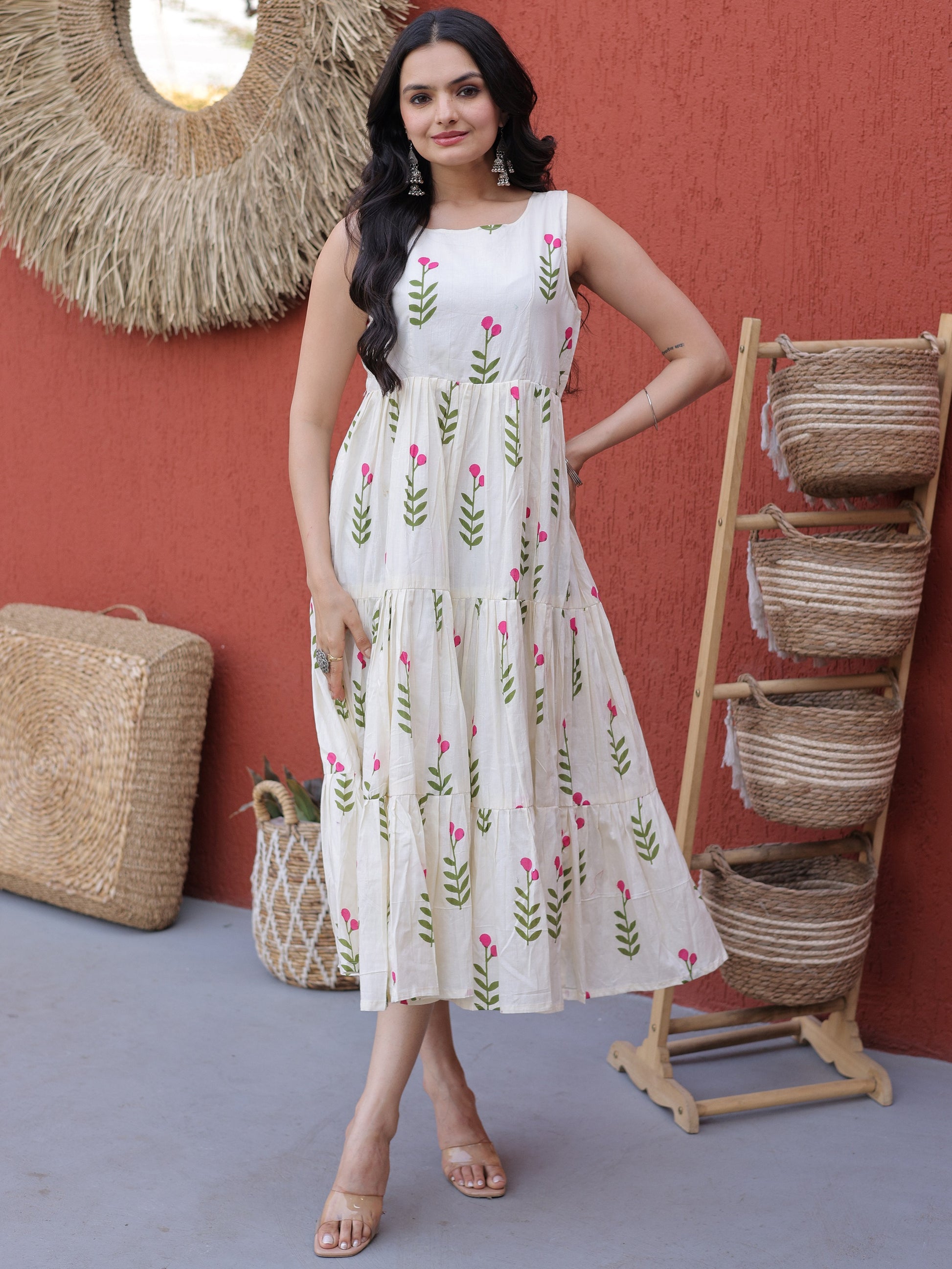 Attractive Pink Floral Printed Cotton Casual Wear Dress