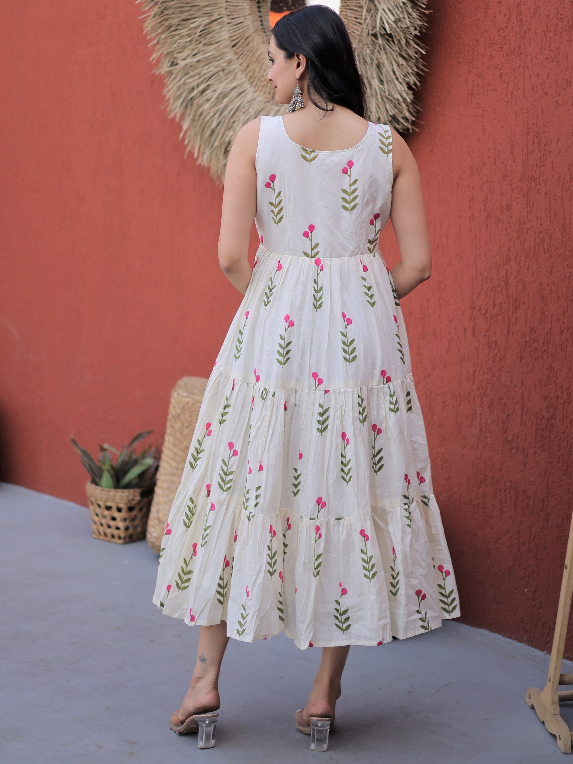Attractive Pink Floral Printed Cotton Casual Wear Dress