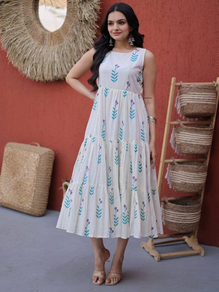 Spectacular Sky Blue Floral Printed Cotton Daily Wear Dress