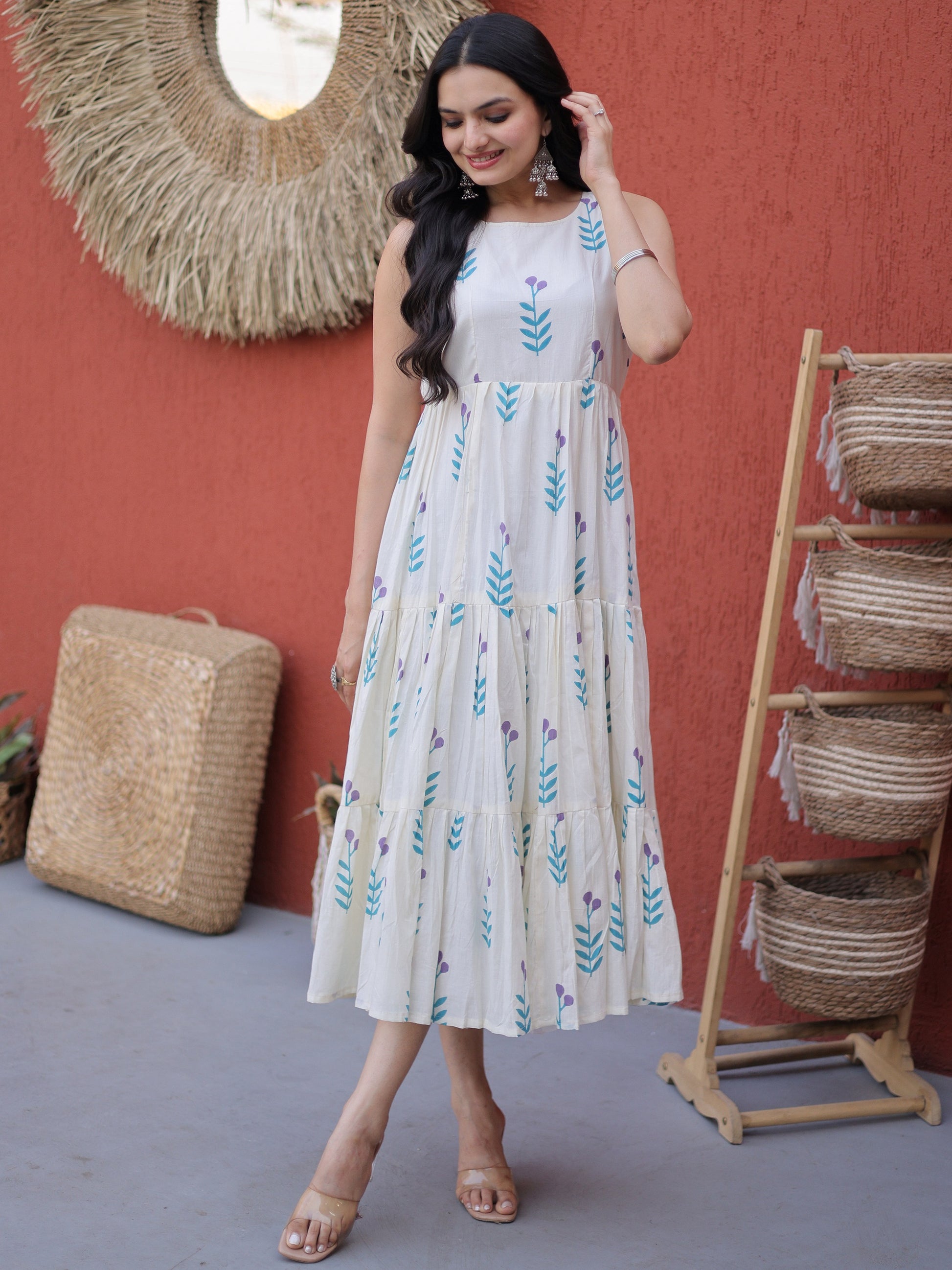 Spectacular Sky Blue Floral Printed Cotton Daily Wear Dress