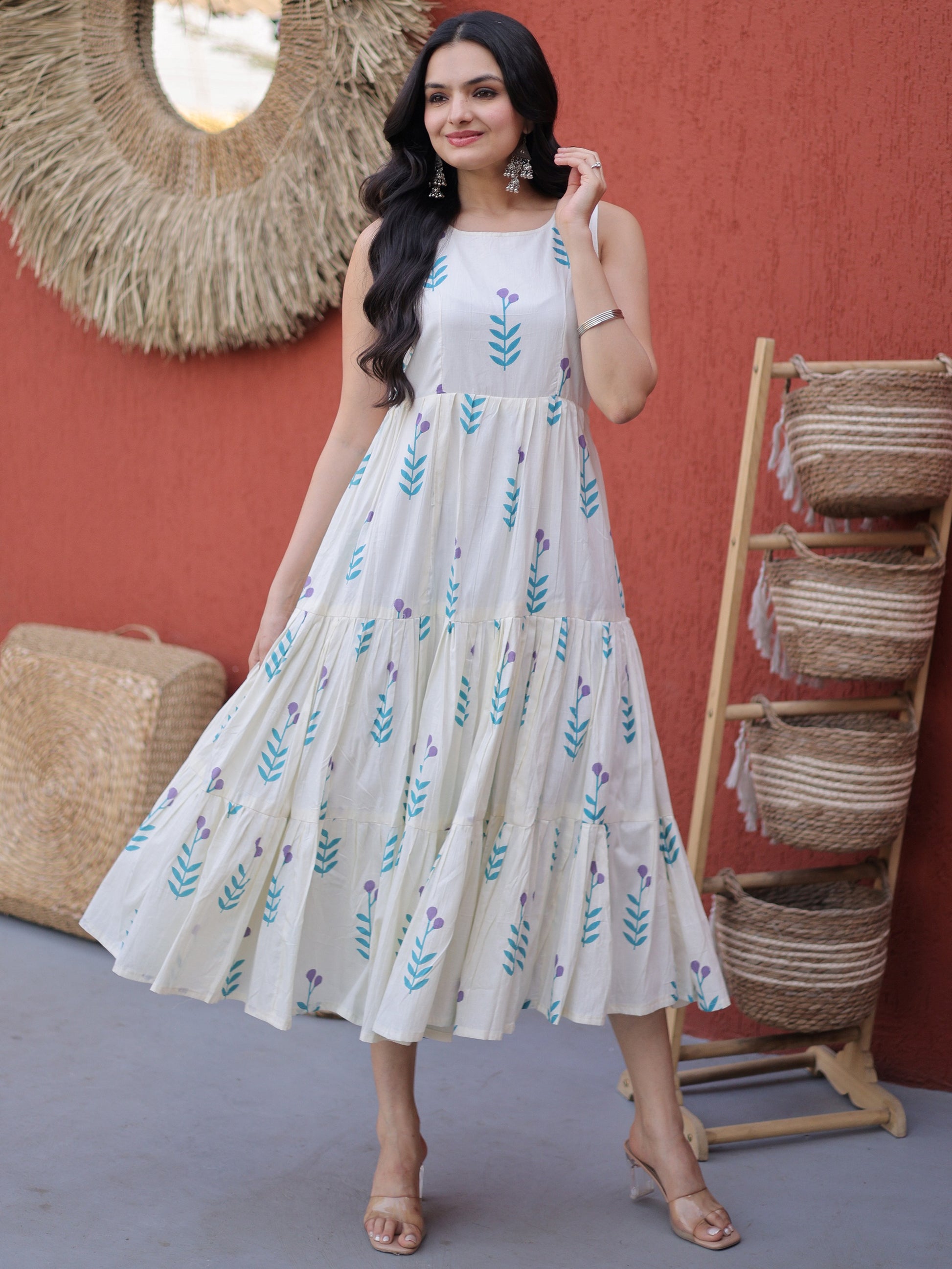 Spectacular Sky Blue Floral Printed Cotton Daily Wear Dress