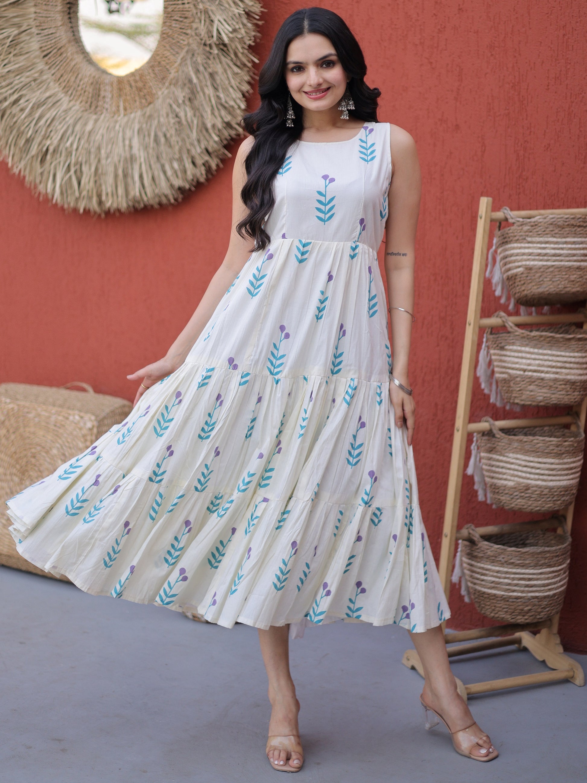 Spectacular Sky Blue Floral Printed Cotton Daily Wear Dress