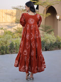 Incredible Rust Orange Printed Cotton Casual Wear Dress