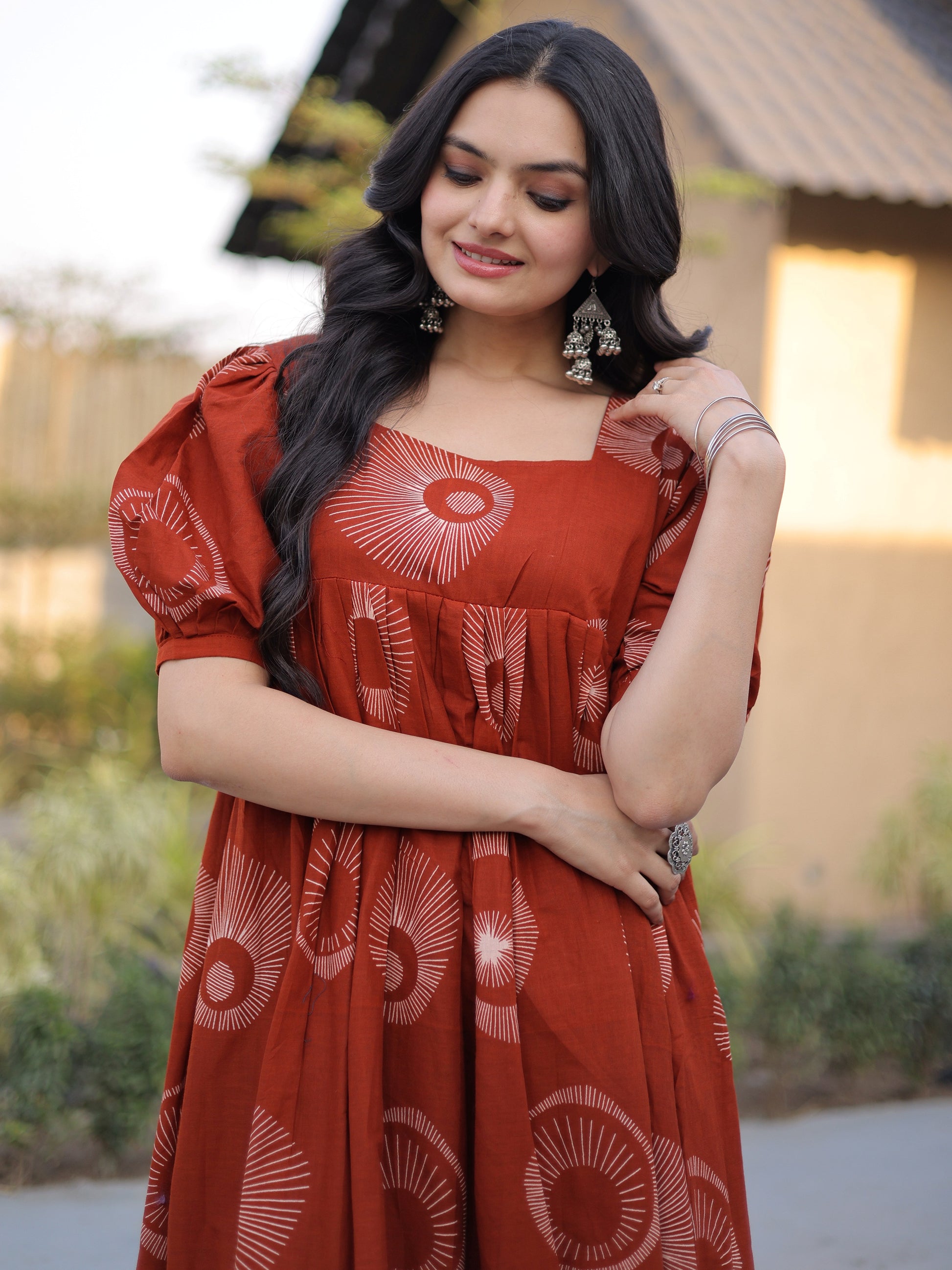 Incredible Rust Orange Printed Cotton Casual Wear Dress