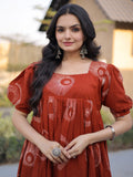 Incredible Rust Orange Printed Cotton Casual Wear Dress