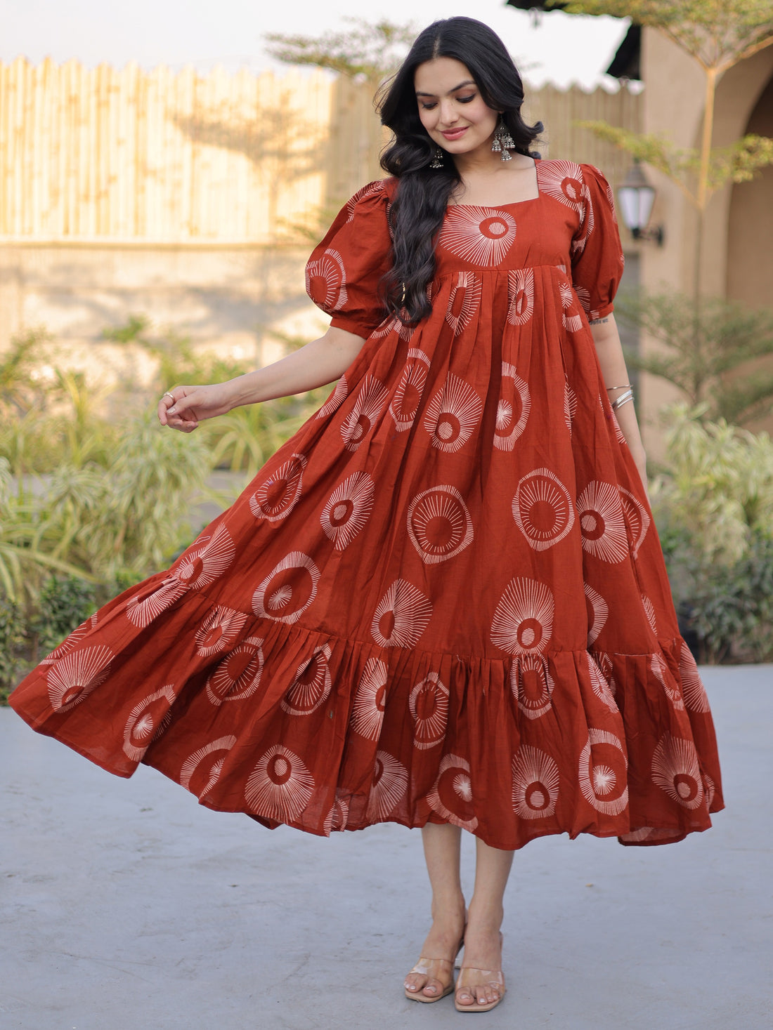 Incredible Rust Orange Printed Cotton Casual Wear Dress