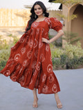 Incredible Rust Orange Printed Cotton Casual Wear Dress