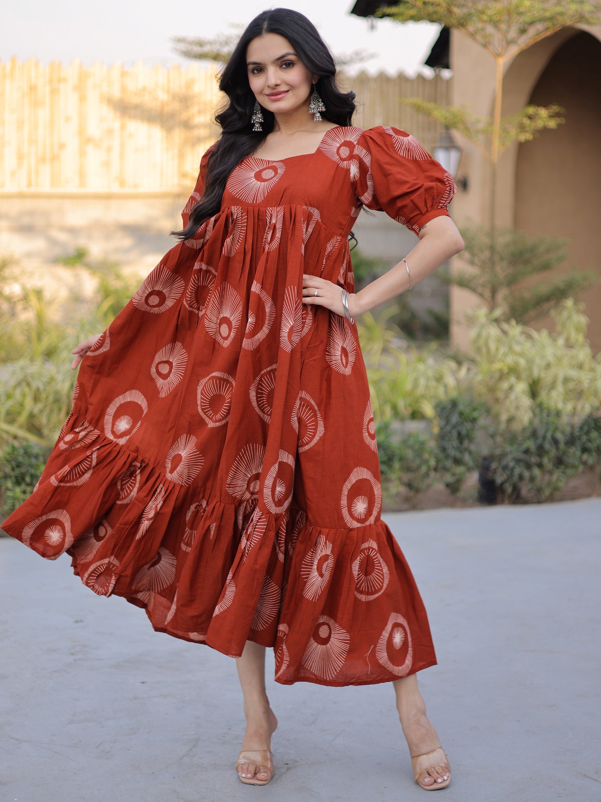 Incredible Rust Orange Printed Cotton Casual Wear Dress