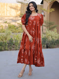 Incredible Rust Orange Printed Cotton Casual Wear Dress