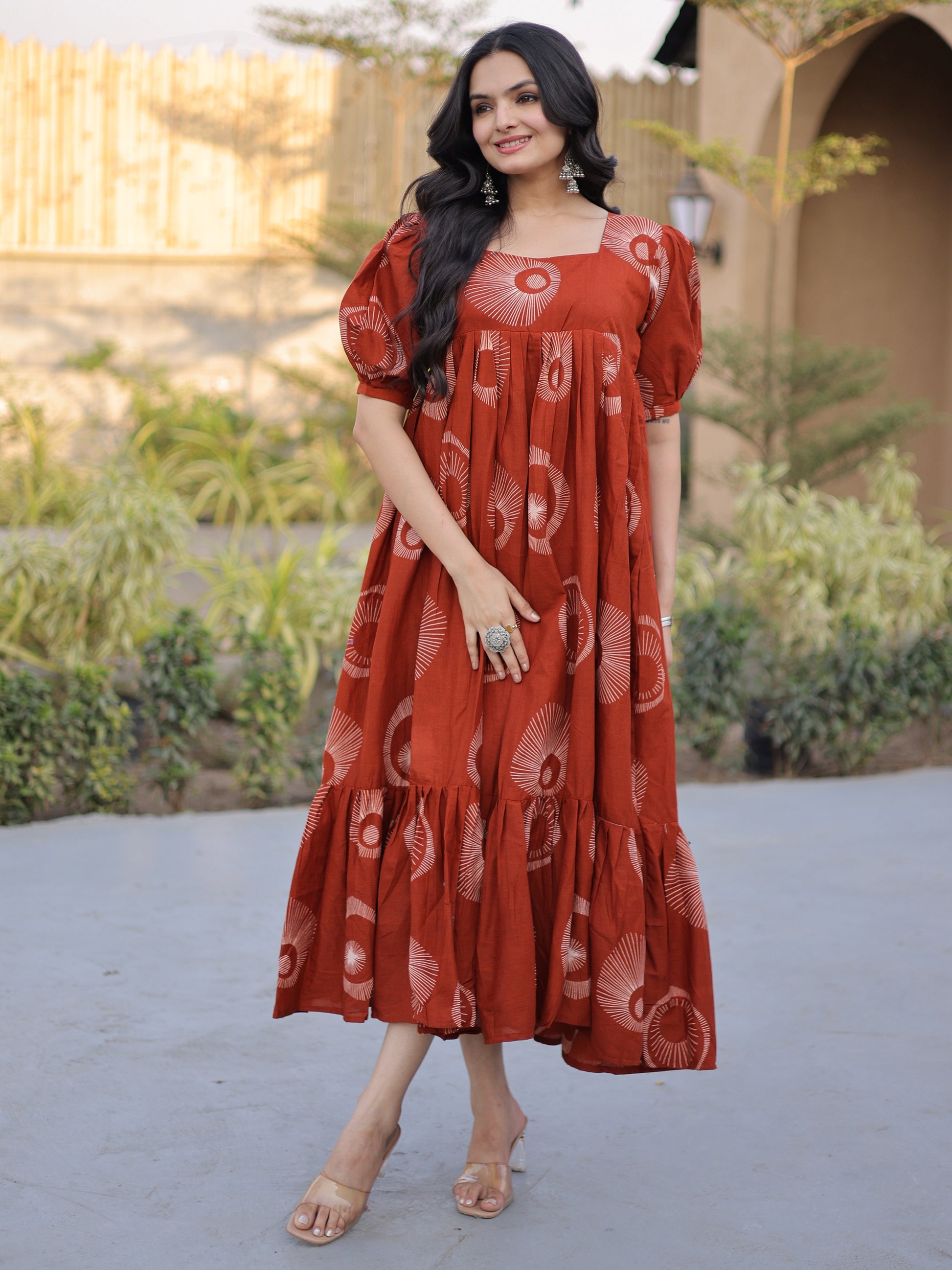 Incredible Rust Orange Printed Cotton Casual Wear Dress