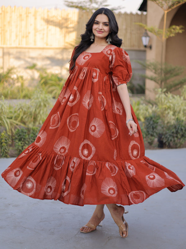 Incredible Rust Orange Printed Cotton Casual Wear Dress