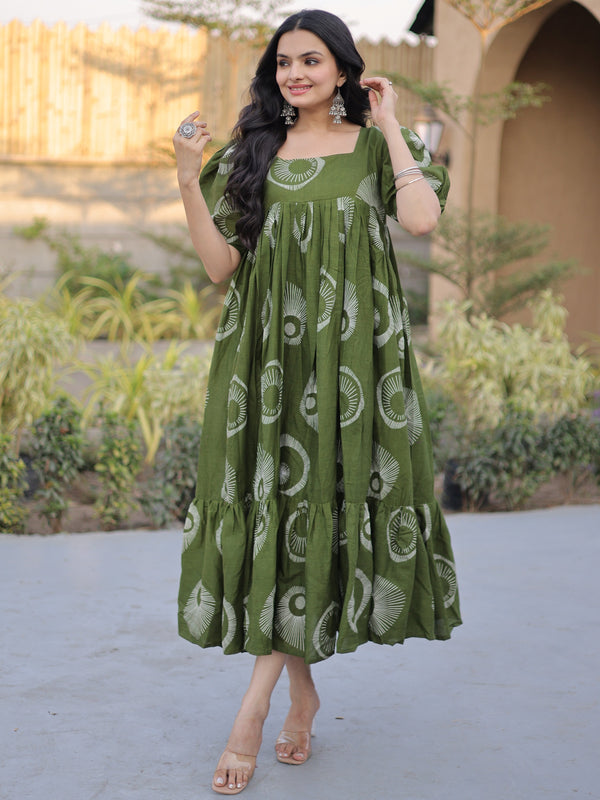 Gorgeous Green Digital Printed Cotton Daily Wear Dress