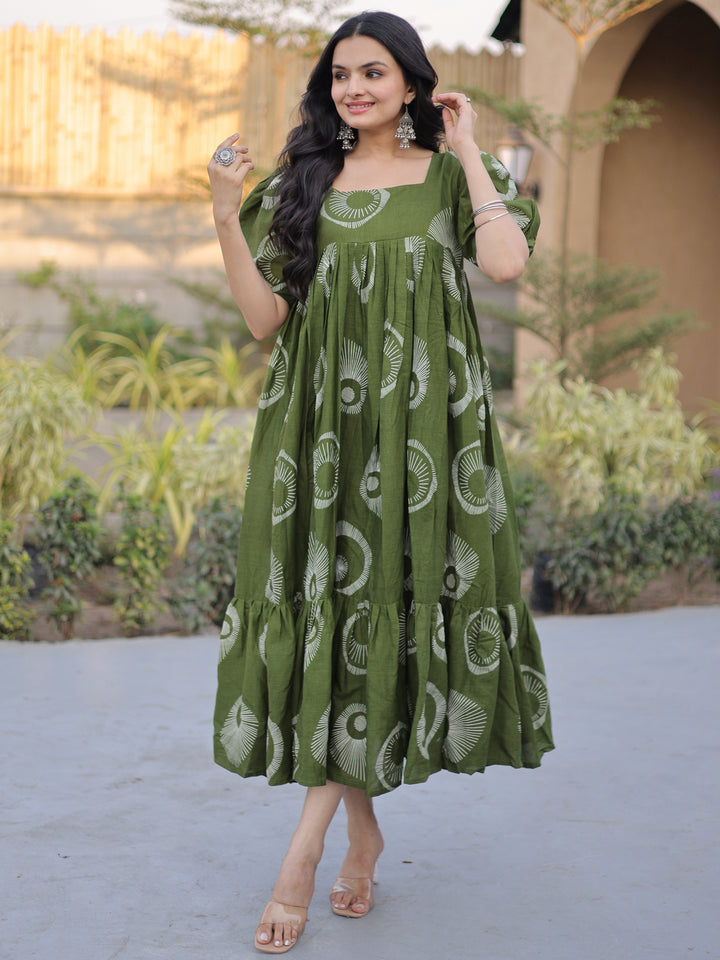 Gorgeous Green Digital Printed Cotton Daily Wear Dress