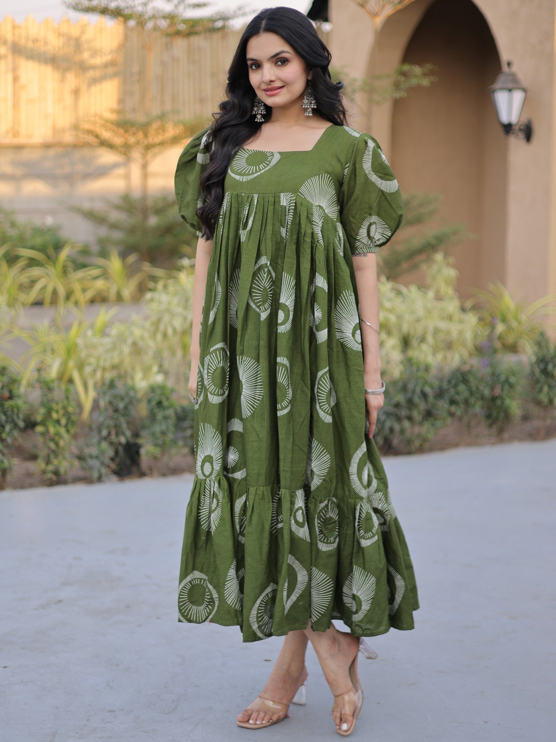 Gorgeous Green Digital Printed Cotton Daily Wear Dress
