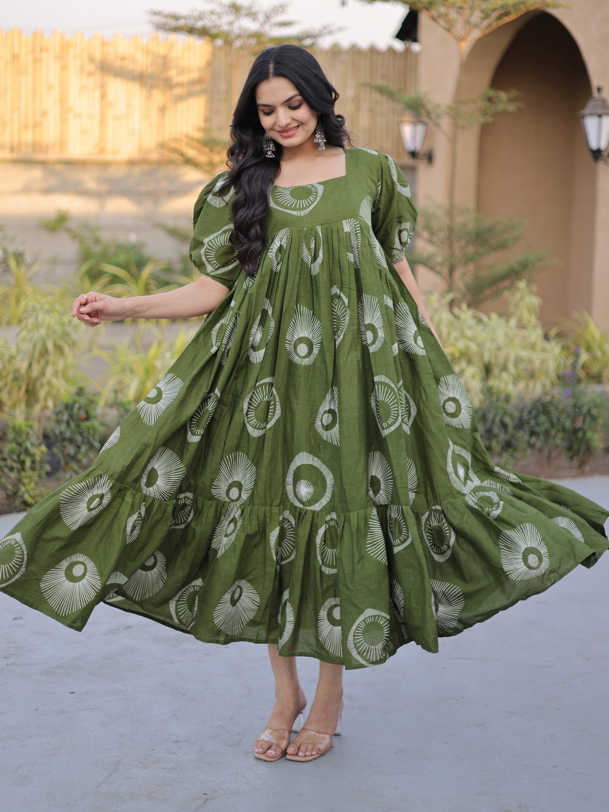 Gorgeous Green Digital Printed Cotton Daily Wear Dress