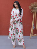 Beautiful White Floral Printed Cotton Casual  Wear Kurta With Pant