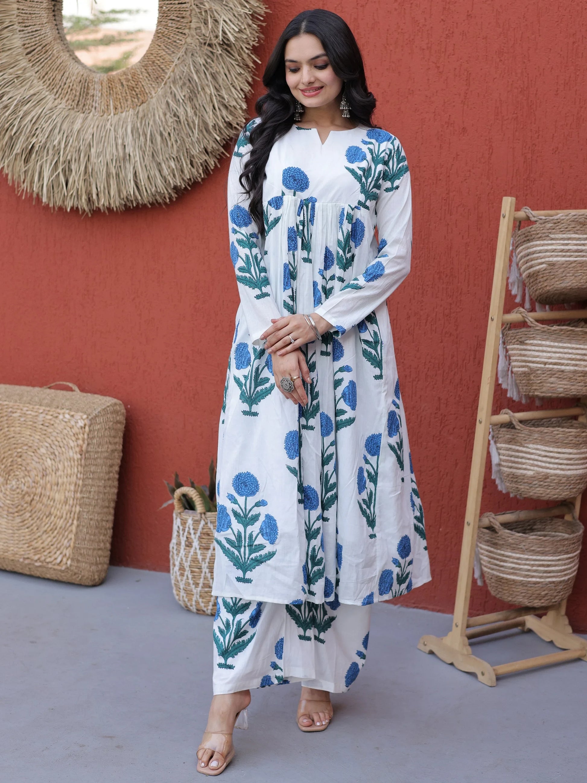 Awesome White Floral Printed Cotton Office Wear Kurta With Pant