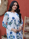 Awesome White Floral Printed Cotton Office Wear Kurta With Pant
