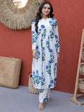 Awesome White Floral Printed Cotton Office Wear Kurta With Pant