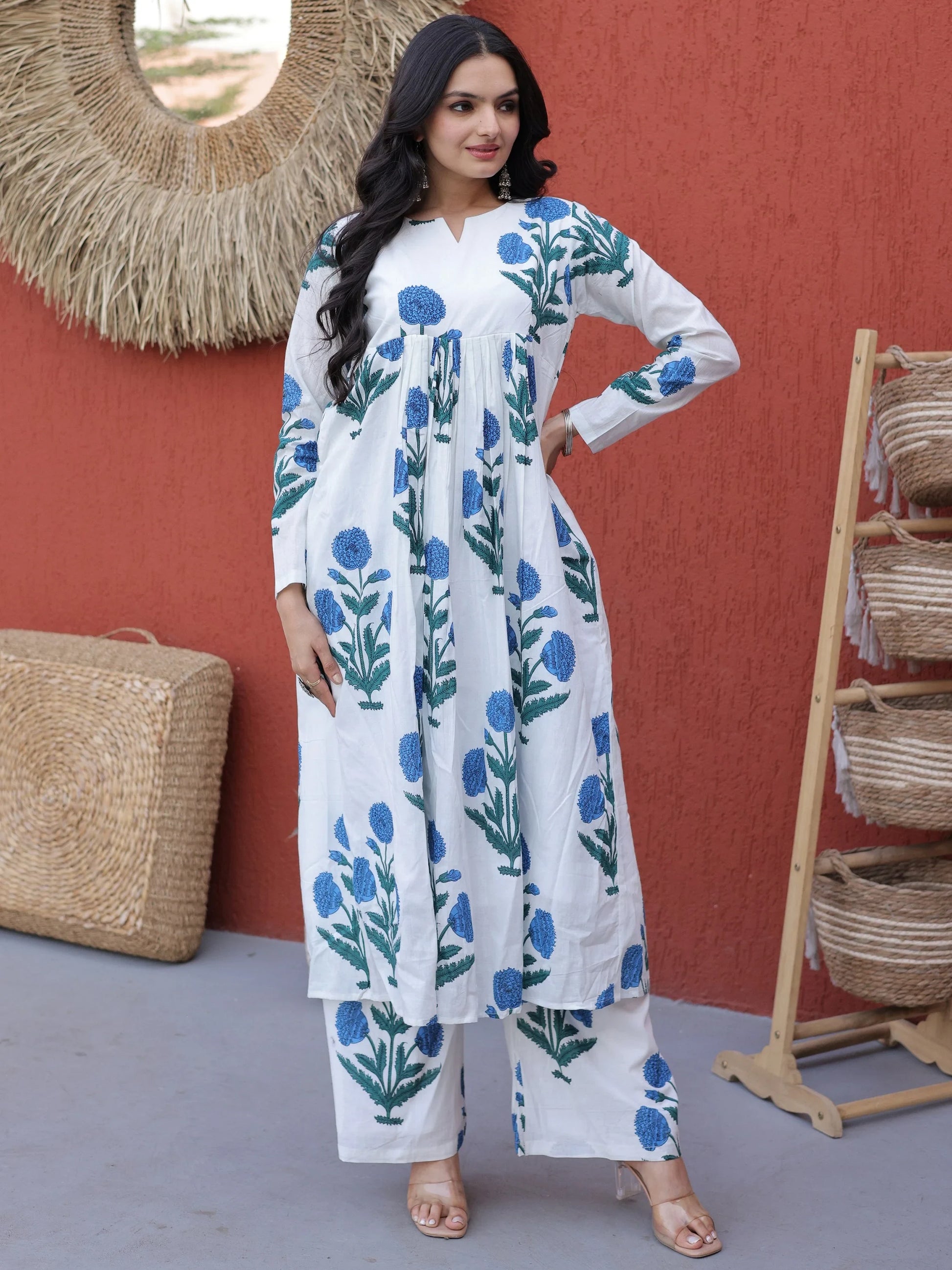 Awesome White Floral Printed Cotton Office Wear Kurta With Pant