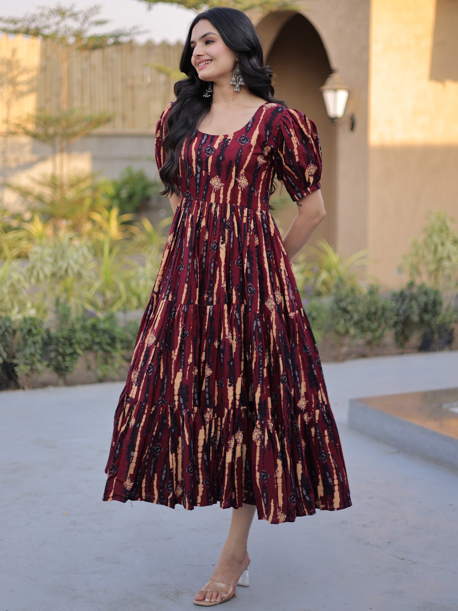 Wonderful Maroon Digital Printed Cotton Casual Wear Dress